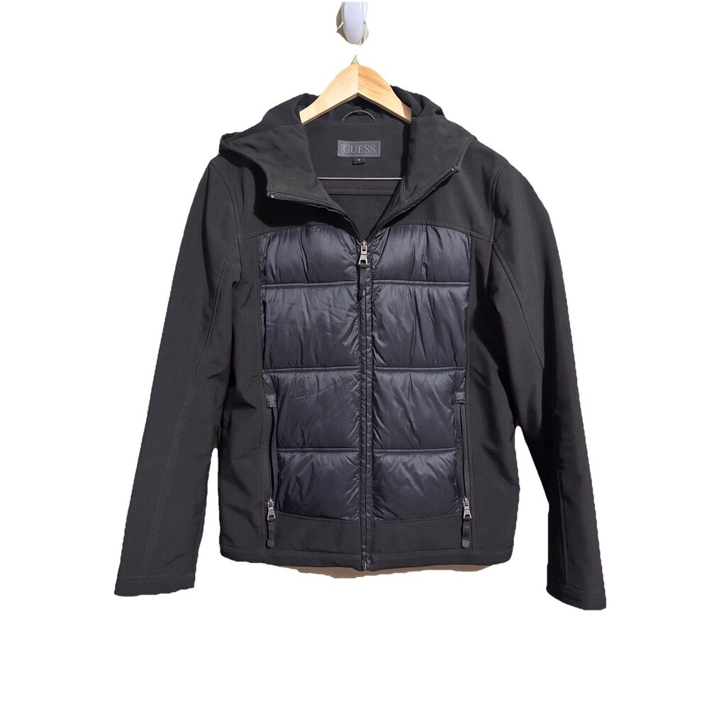 Guess Jacket Size Medium Black Full Zip Pocket Hooded Puffer Soft Shell Womens